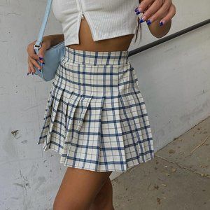 Check print pleated mini skirt